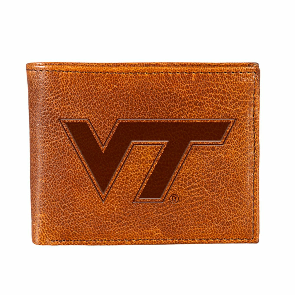 Virginia Tech, Embossed 100% Genuine Tumbled Leather Passcase Bi-Fold , Collegiate, Home