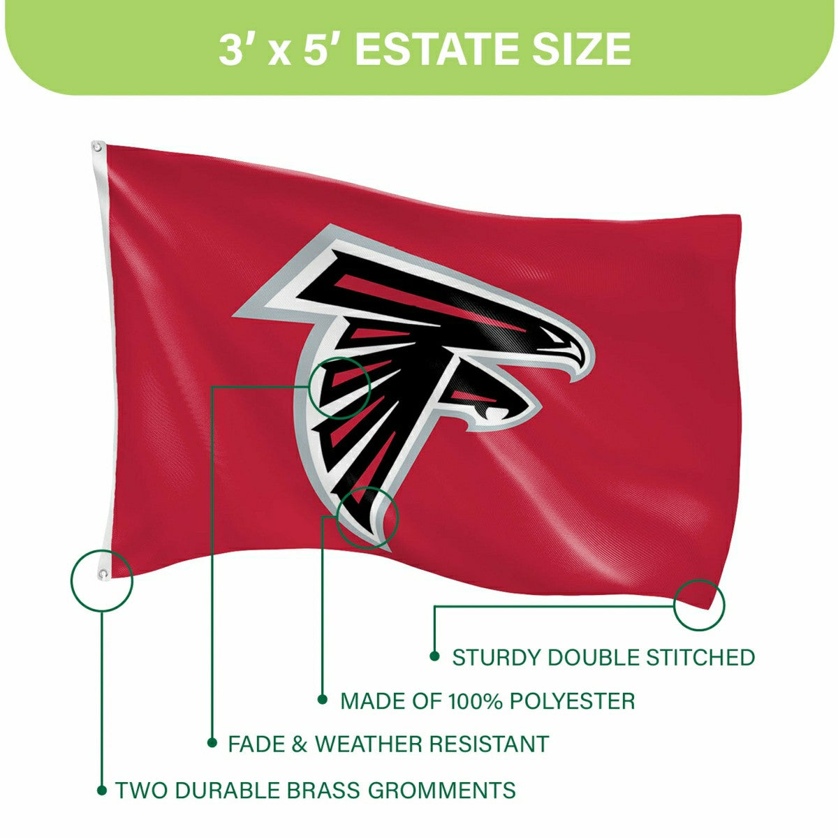 Atlanta Falcons Single Sided Flag w/ 2 Grommets, 3'x5', NFL, Home