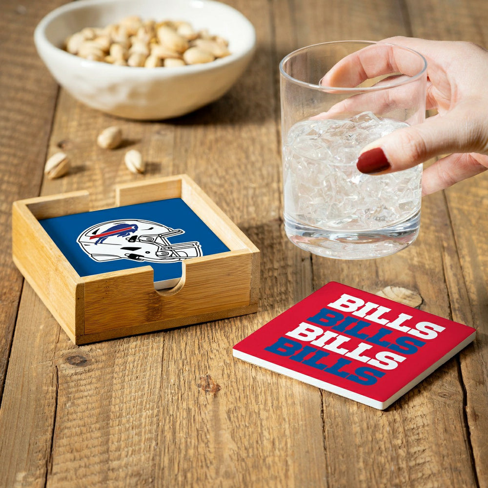 Buffalo Bills Ceramic Coasters Set, 4pcs with Wood Caddy, NFL