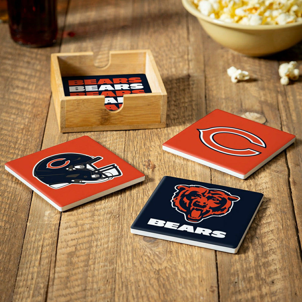 Chicago Bears Ceramic Coasters Set, 4pcs with Wood Caddy, NFL