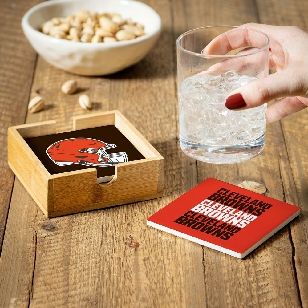 Cleveland Browns Ceramic Coasters Set, 4pcs with Wood Caddy, NFL