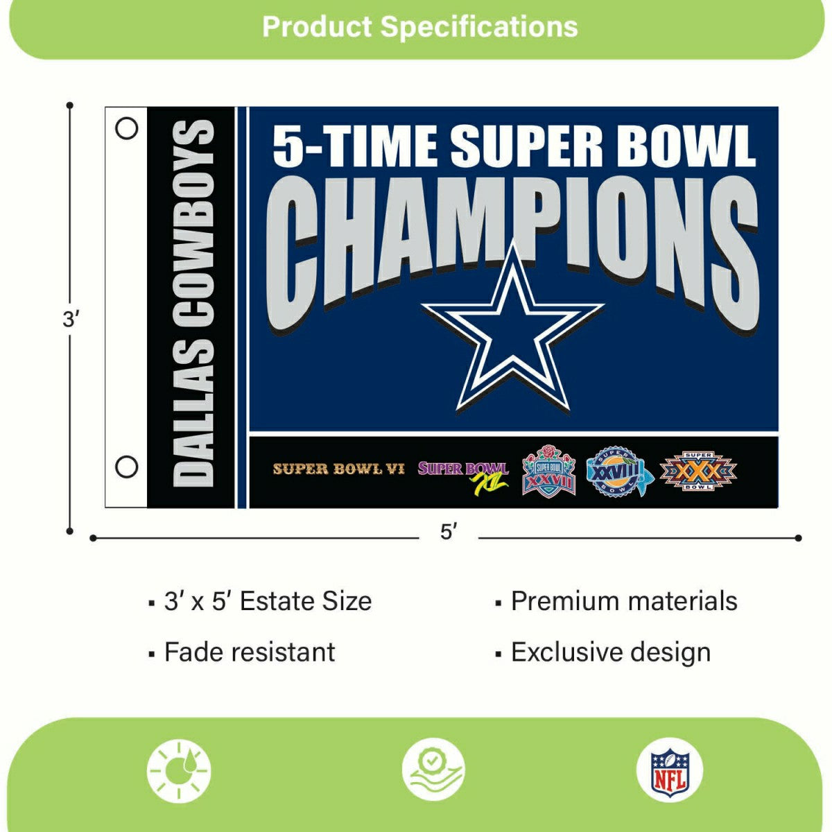 Dallas Cowboys 5X Superbowl Champions Football 3x5 Flag, NFL, Home