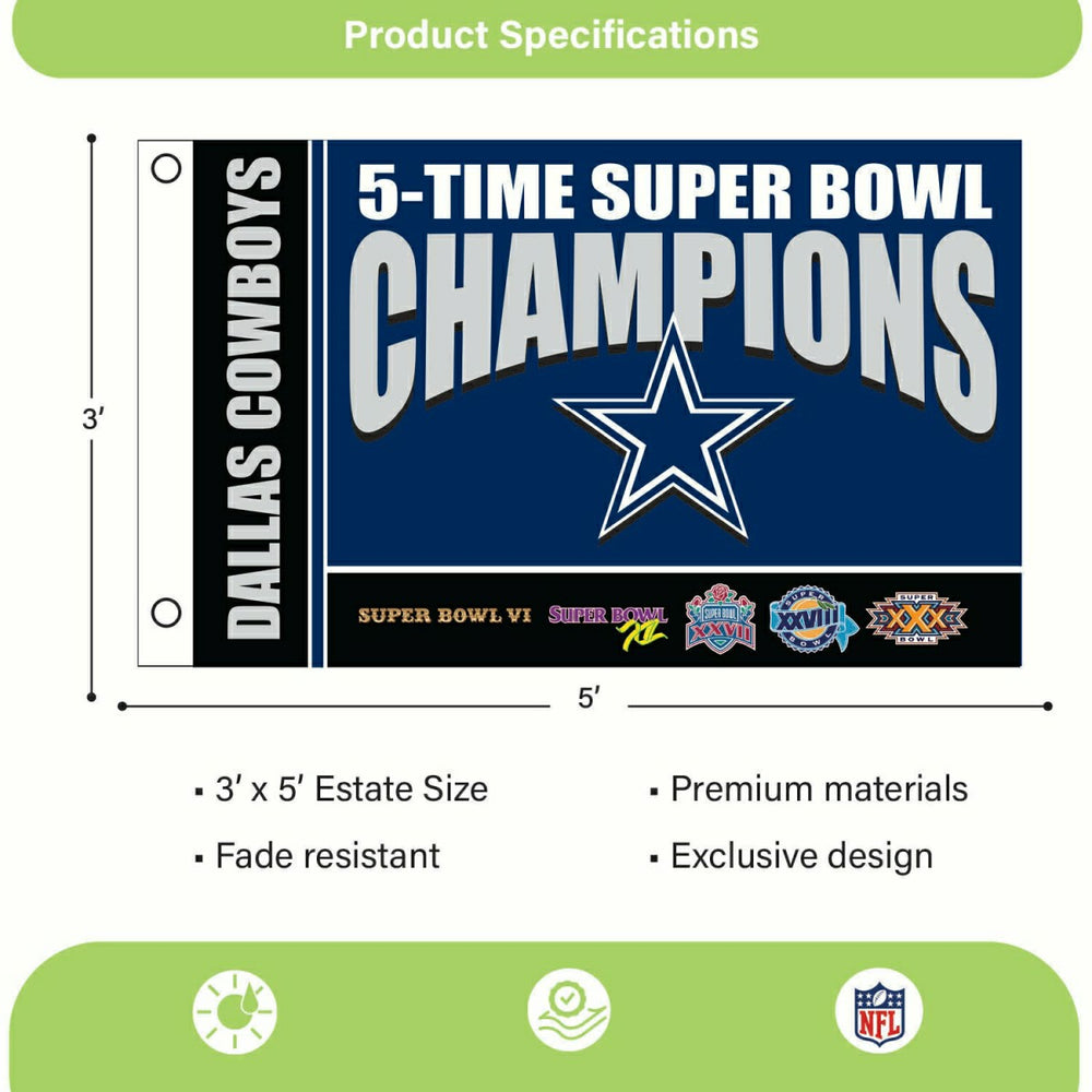 Dallas Cowboys 5X Superbowl Champions Football 3x5 Flag, NFL, Home