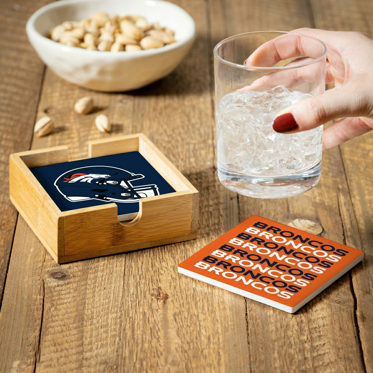Denver Broncos Ceramic Coasters Set, 4pcs with Wood Caddy, NFL