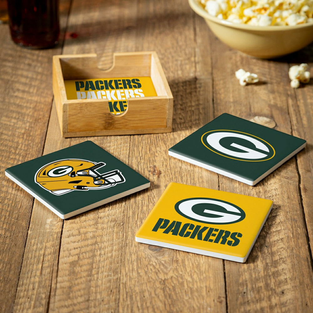 Green Bay Packers Ceramic Coasters Set, 4pcs with Wood Caddy, NFL