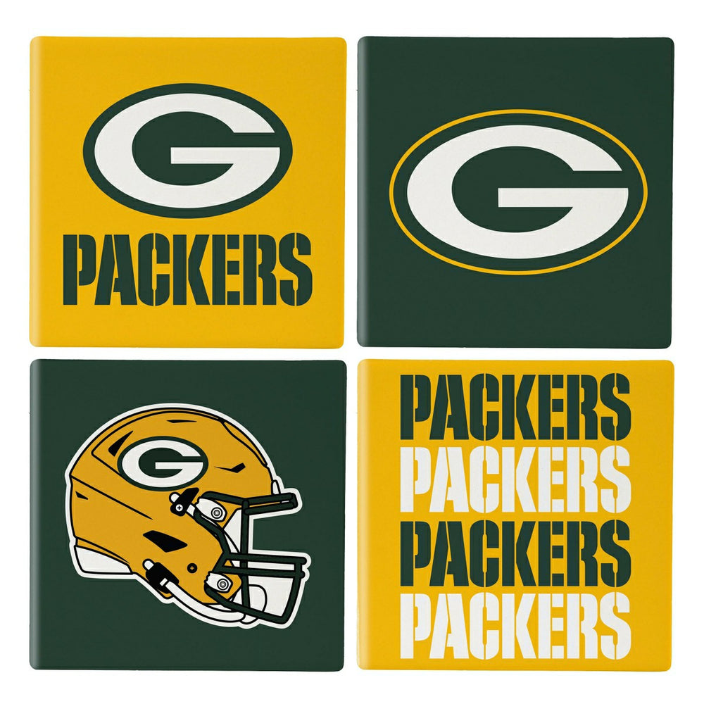 Green Bay Packers Ceramic Coasters Set, 4pcs with Wood Caddy, NFL
