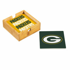 Green Bay Packers Ceramic Coasters Set, 4pcs with Wood Caddy, NFL