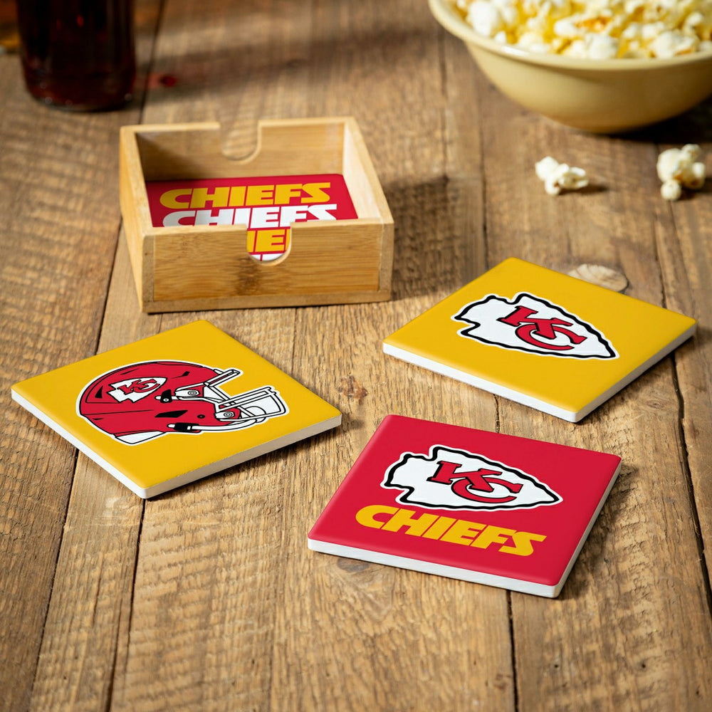 Kansas City Chiefs Ceramic Coasters Set, 4pcs with Wood Caddy, NFL