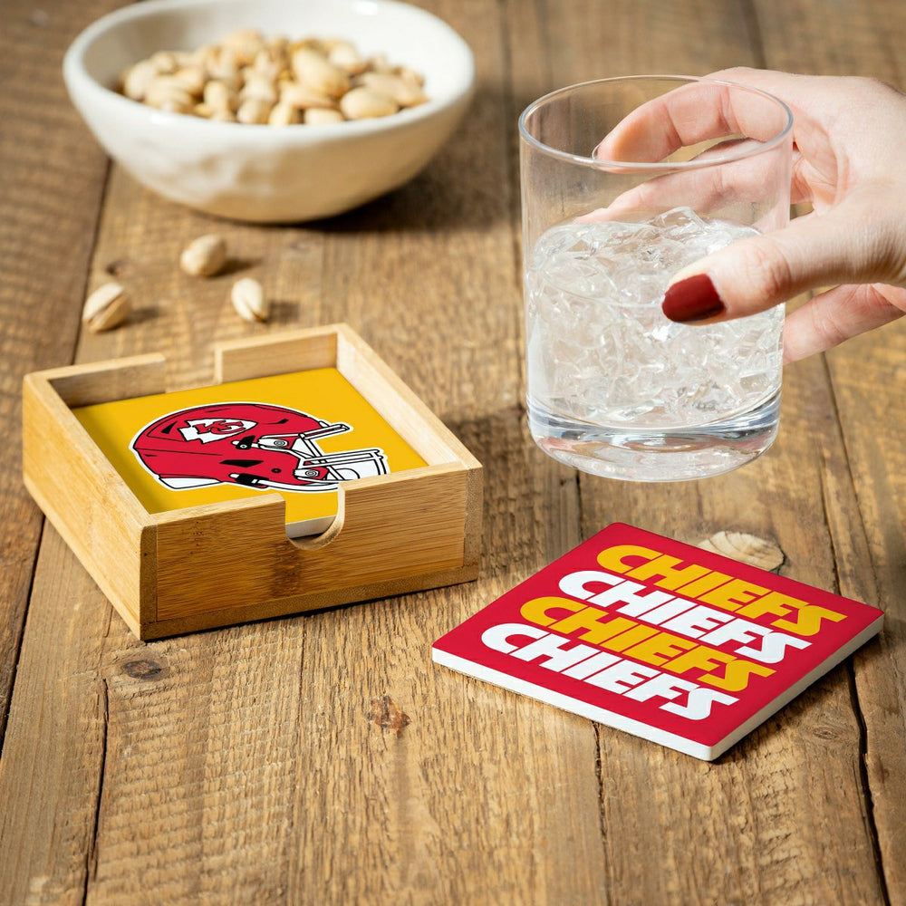 Kansas City Chiefs Ceramic Coasters Set, 4pcs with Wood Caddy, NFL