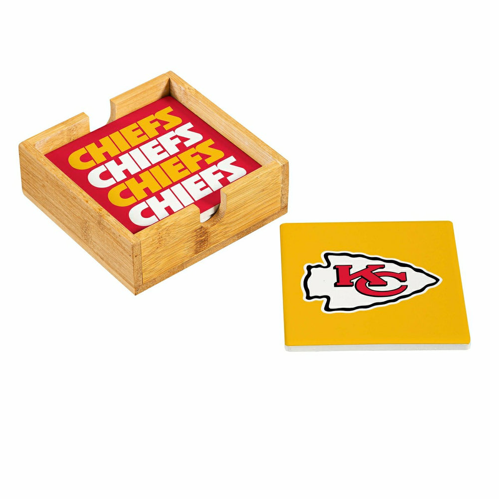 Kansas City Chiefs Ceramic Coasters Set, 4pcs with Wood Caddy, NFL