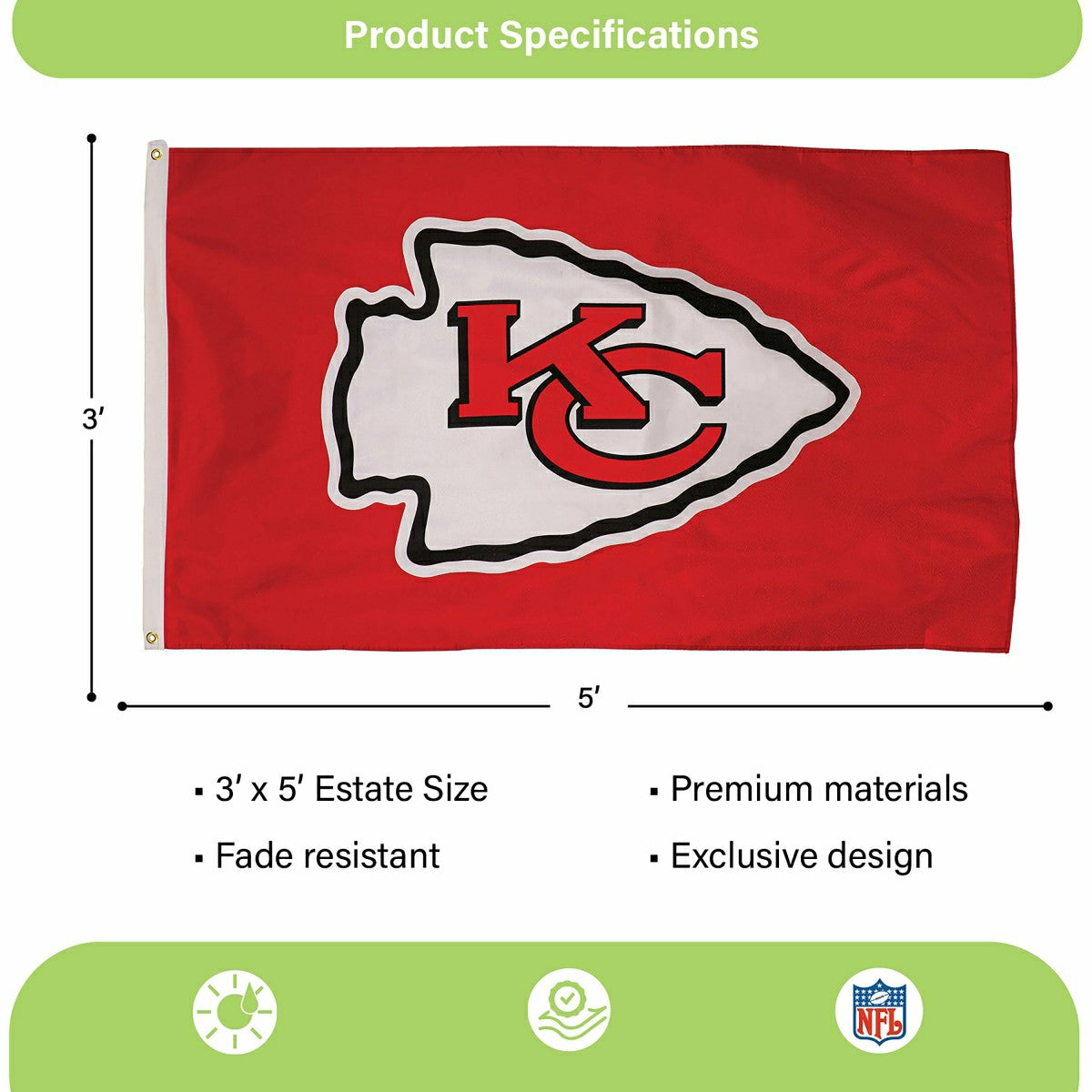 Kansas City Chiefs Single Sided Estate Flag with 2 Grommets, 3'x5', NFL, Home