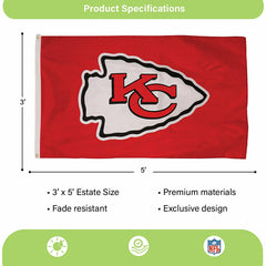 Kansas City Chiefs Single Sided Estate Flag with 2 Grommets, 3'x5', NFL, Home