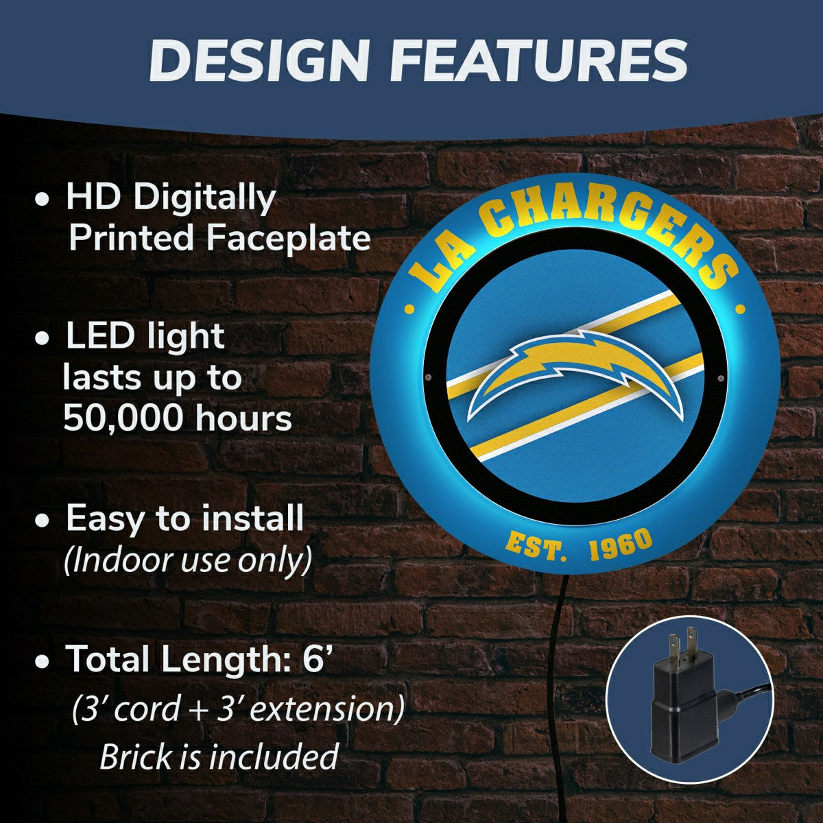 Los Angeles Chargers, Metal Lite, Round, NFL