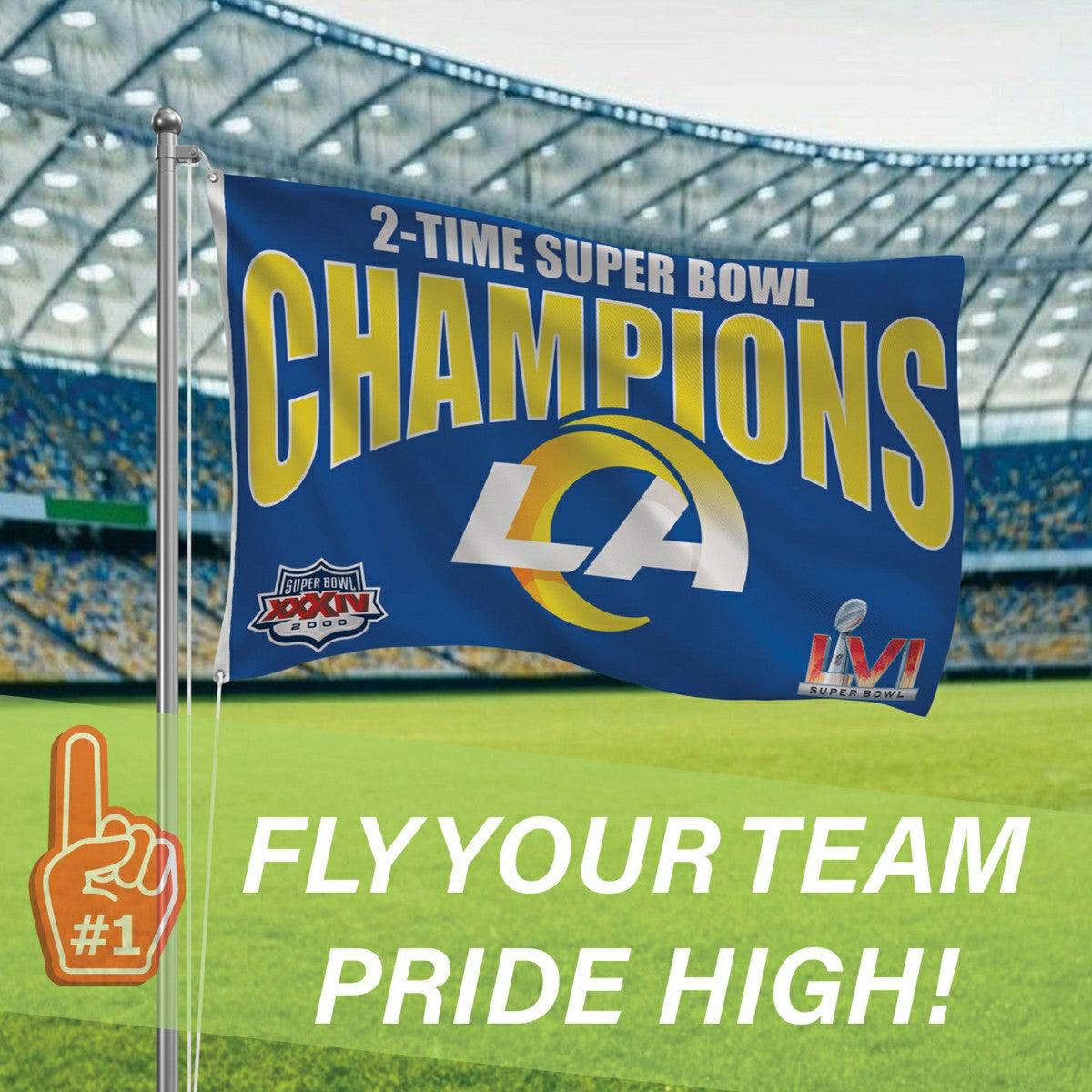 LA Rams, Super Bowl 2X Superbowl Champions, Football, 3x5 Flag, NFL, Home