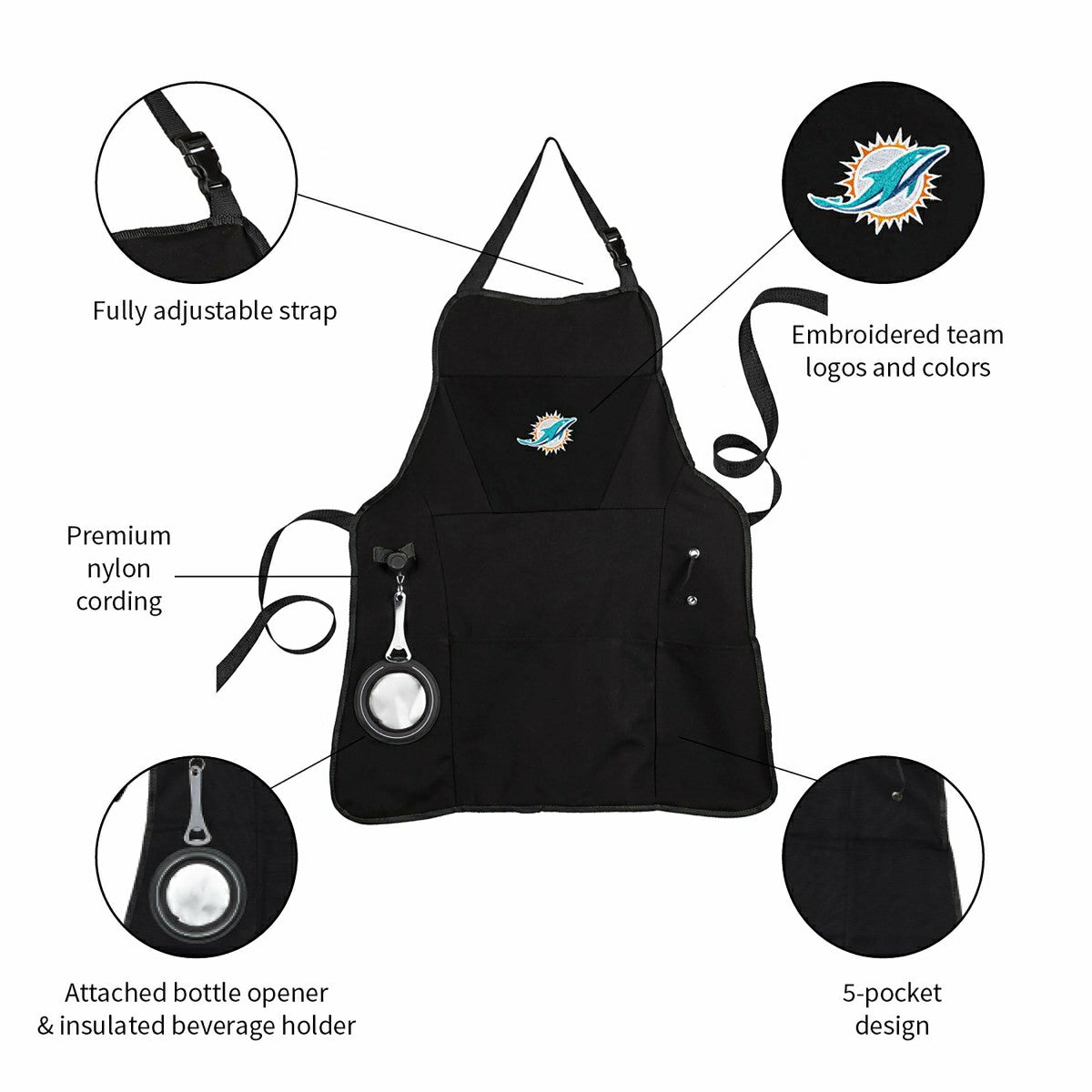 Grill Apron, Black, Miami Dolphins, NFL, Home