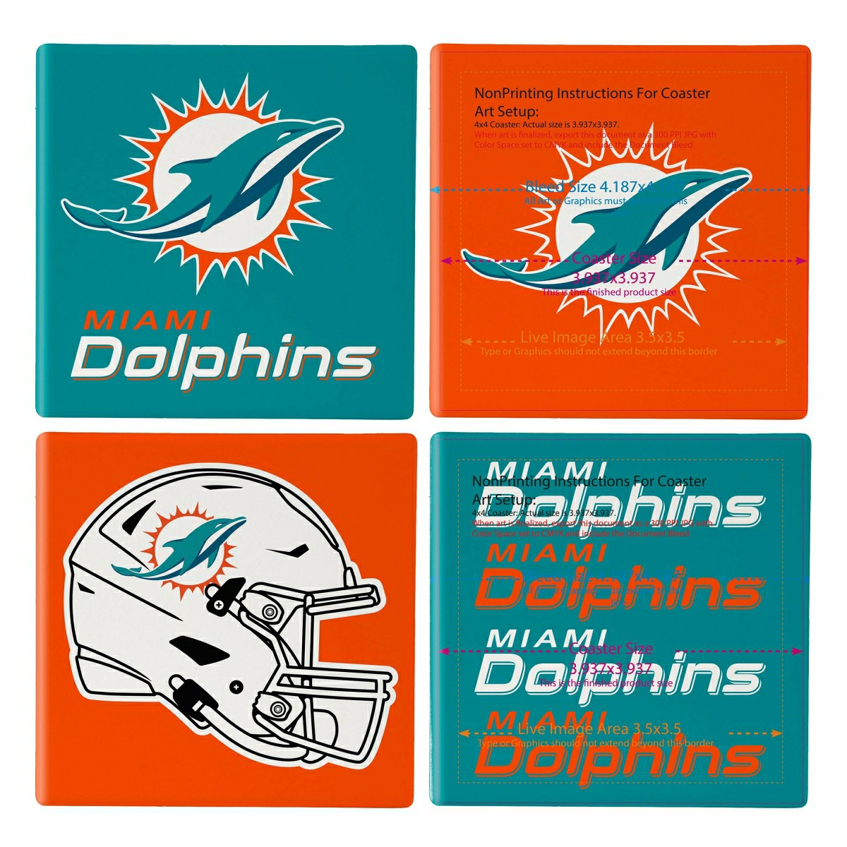 Miami Dolphins Ceramic Coasters Set, 4pcs with Wood Caddy, NFL