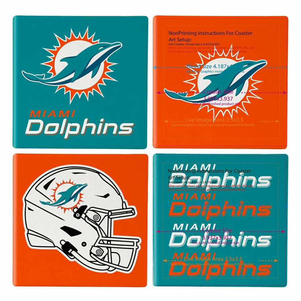 Miami Dolphins Ceramic Coasters Set, 4pcs with Wood Caddy, NFL