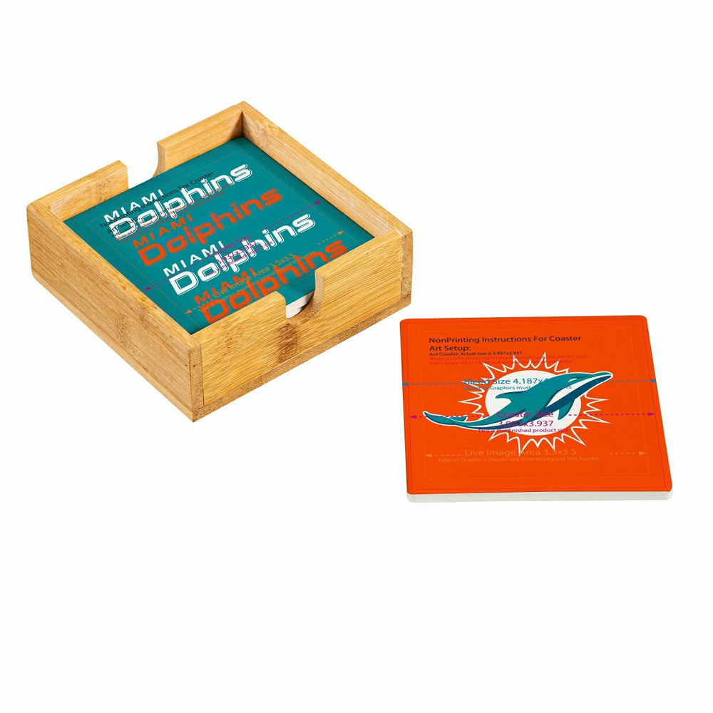 Miami Dolphins Ceramic Coasters Set, 4pcs with Wood Caddy, NFL