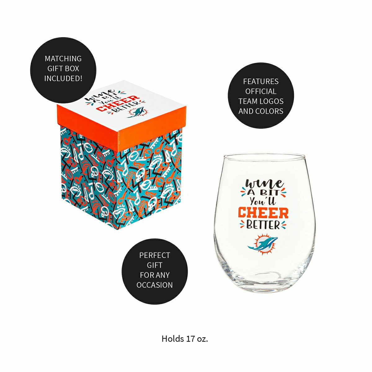 Miami Dolphins, 17oz Boxed Stemless Wine, NFL, Home