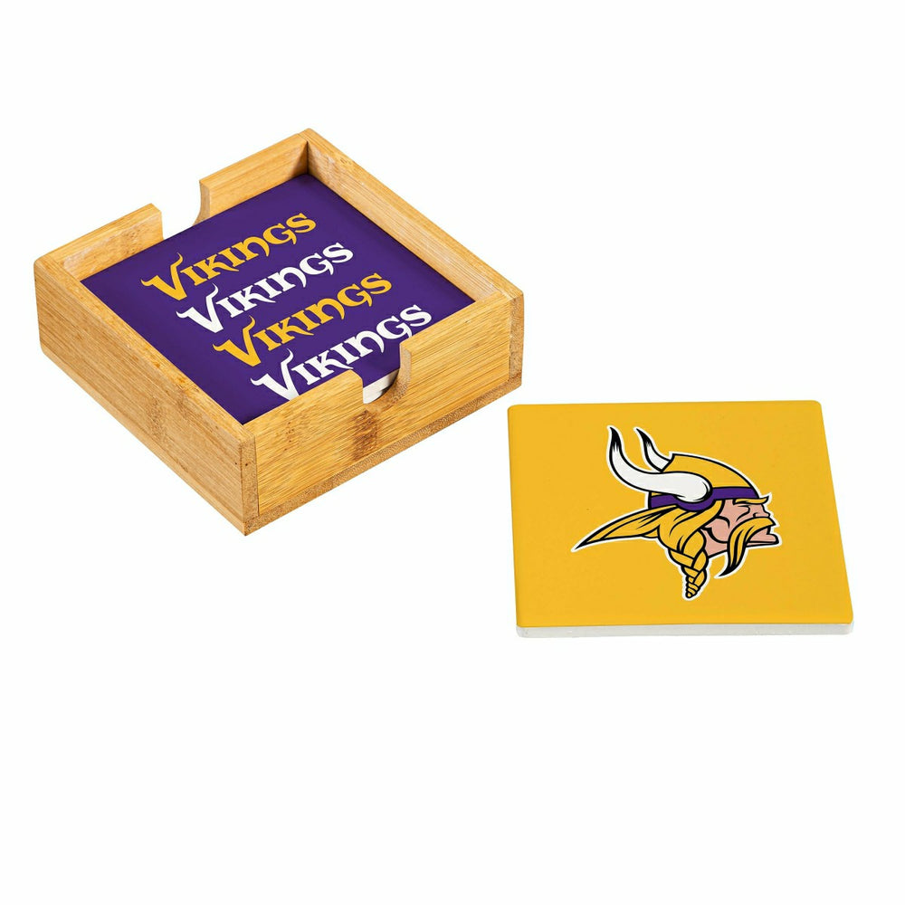 Minnesota Vikings Ceramic Coasters Set, 4pcs with Wood Caddy, NFL