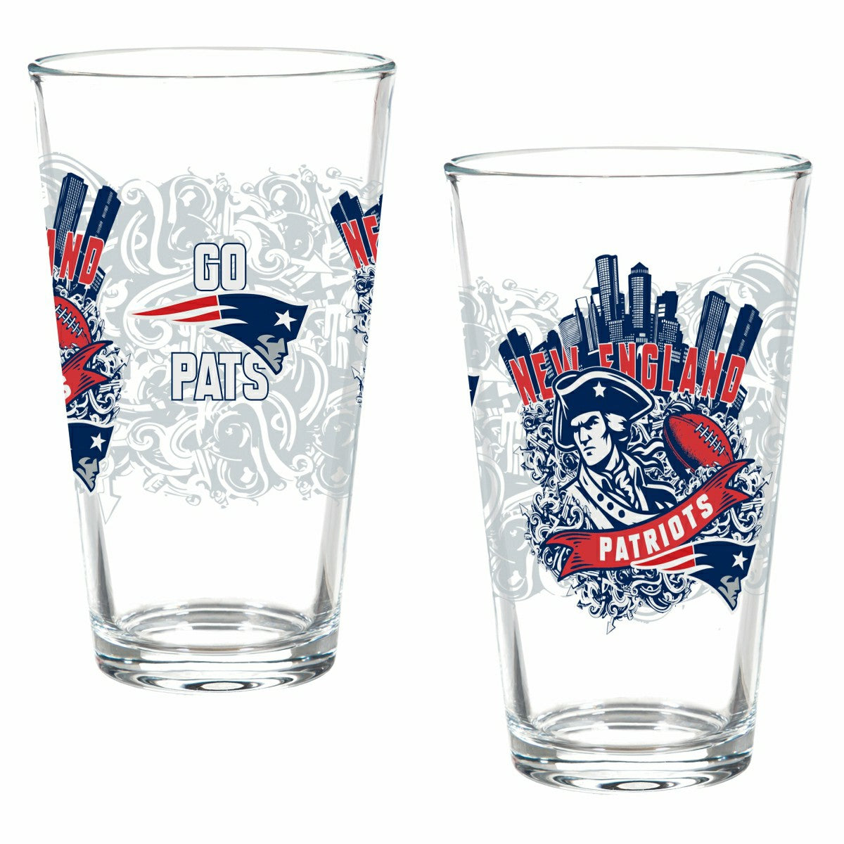 New England Patriots 16oz Glass pint, Set of 2, NFL, Home