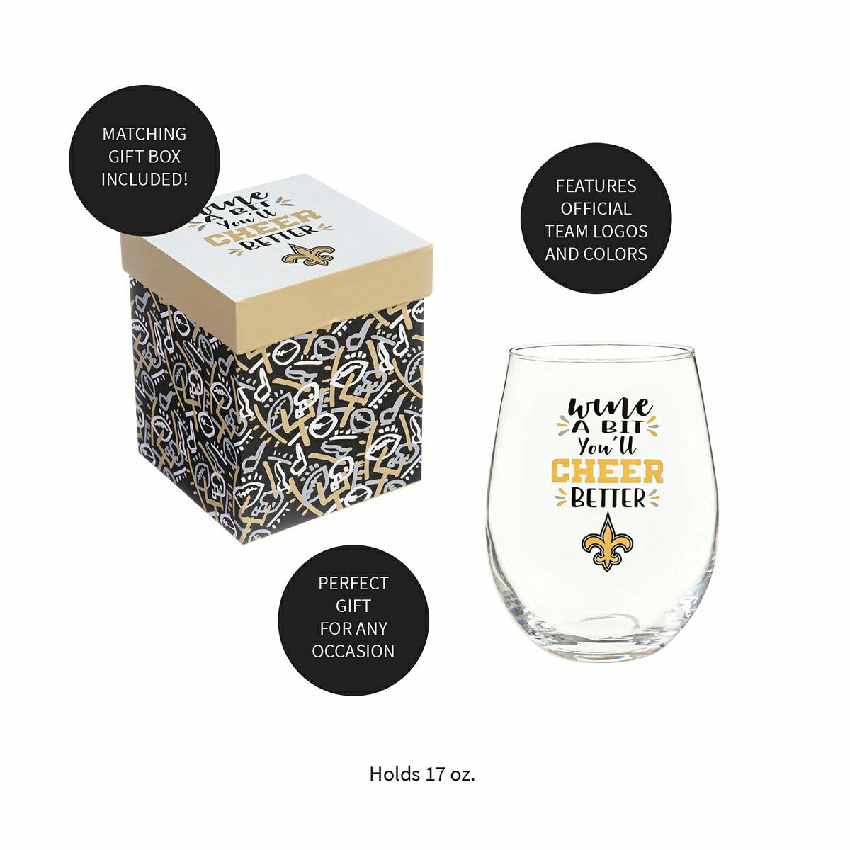 New Orleans Saints, 17oz Boxed Stemless Wine, NFL, Home