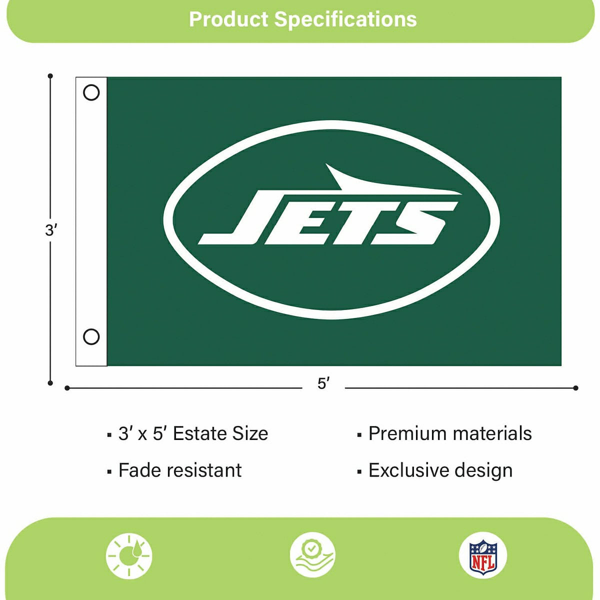New York Jets Single Sided Flag w/ 2 Grommets, 3'x5', NFL, Home