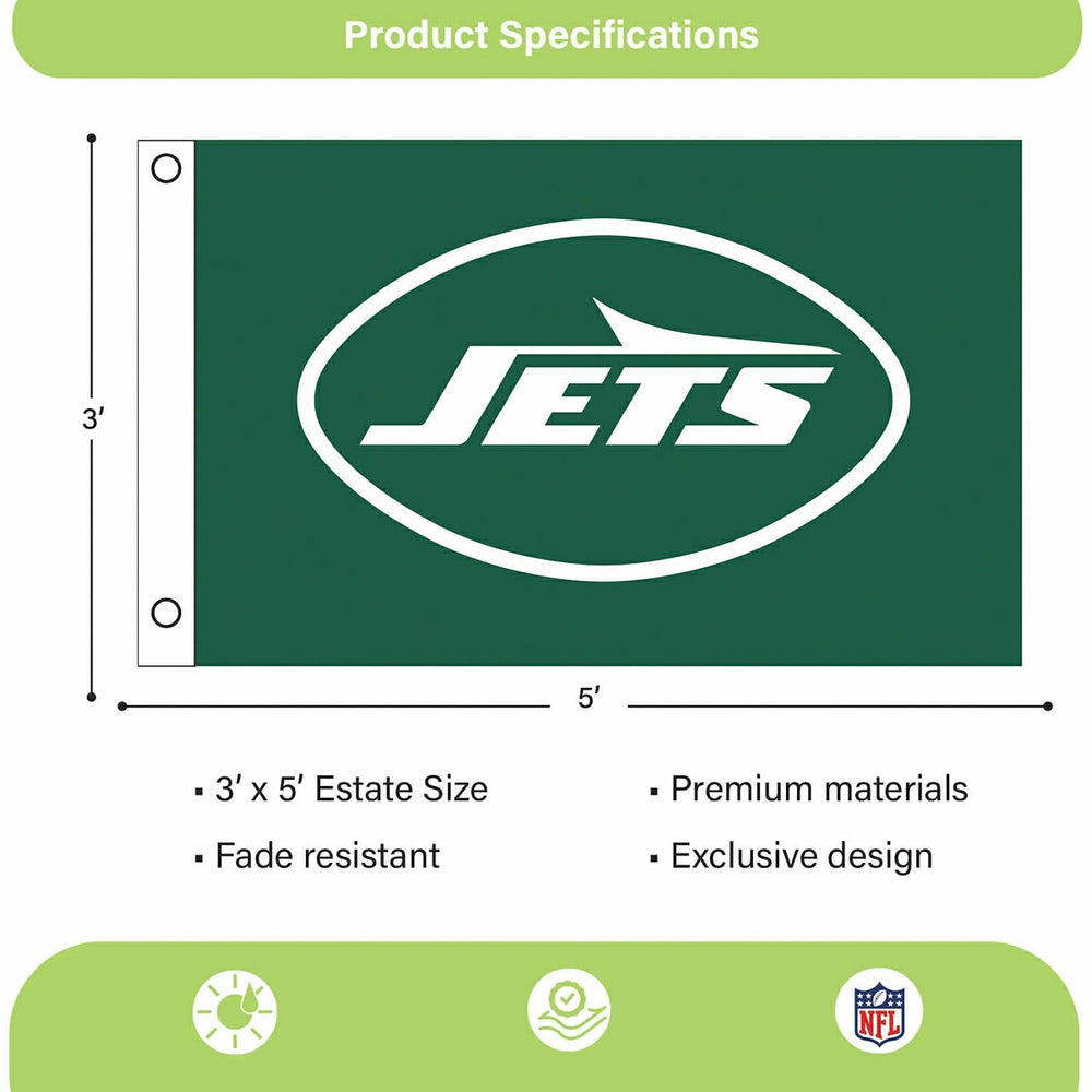 New York Jets Single Sided Flag w/ 2 Grommets, 3'x5', NFL, Home