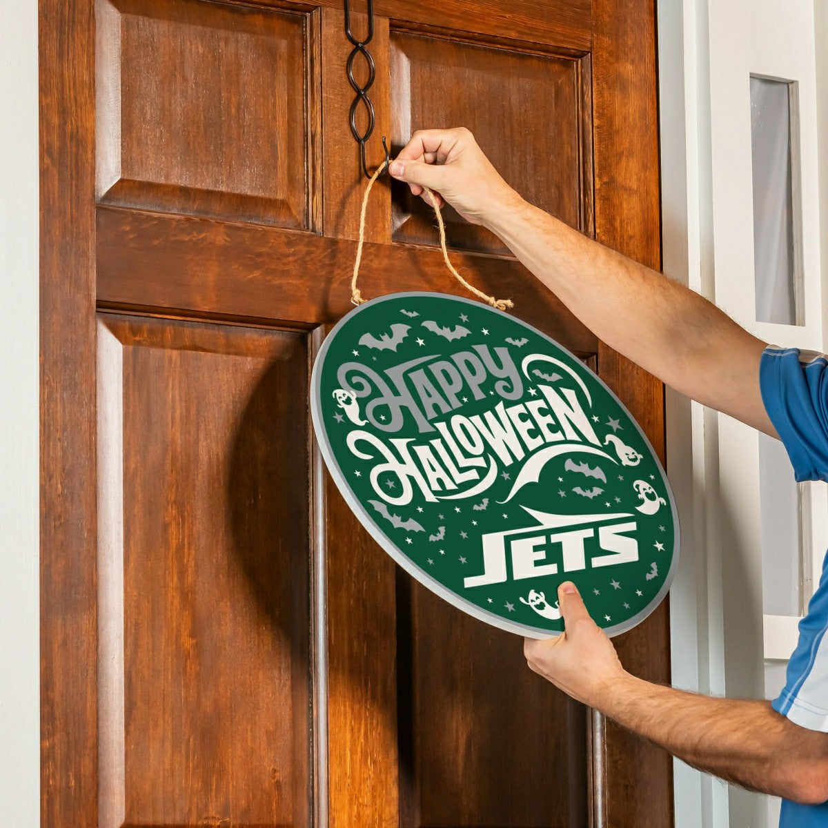 New York Jets Halloween Round Door Décor with Hanging Rope, 18x18, NFL, Home
