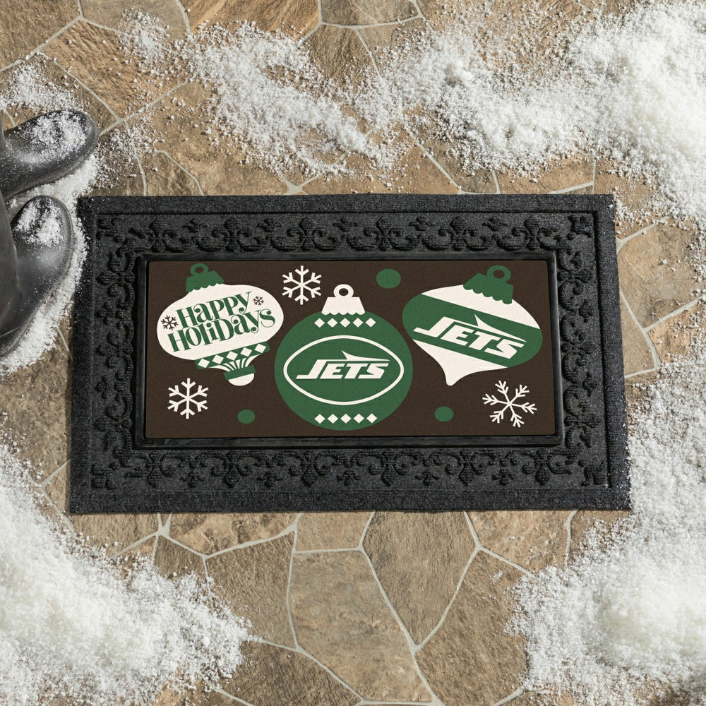 New York Jets Holiday Flocked Coir Sassafras Switch Mat, 22"x10", NFL