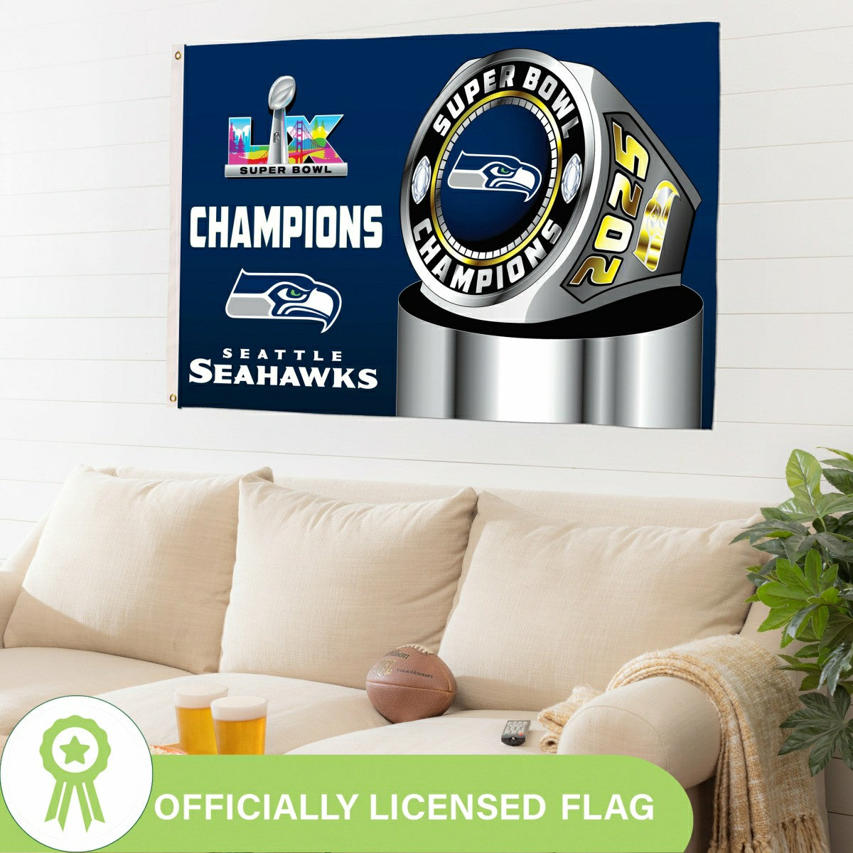 Seattle Seahawks, Super Bowl 60, Ring, Single Sided Flag w/ 2 Grommets, NFL, Home