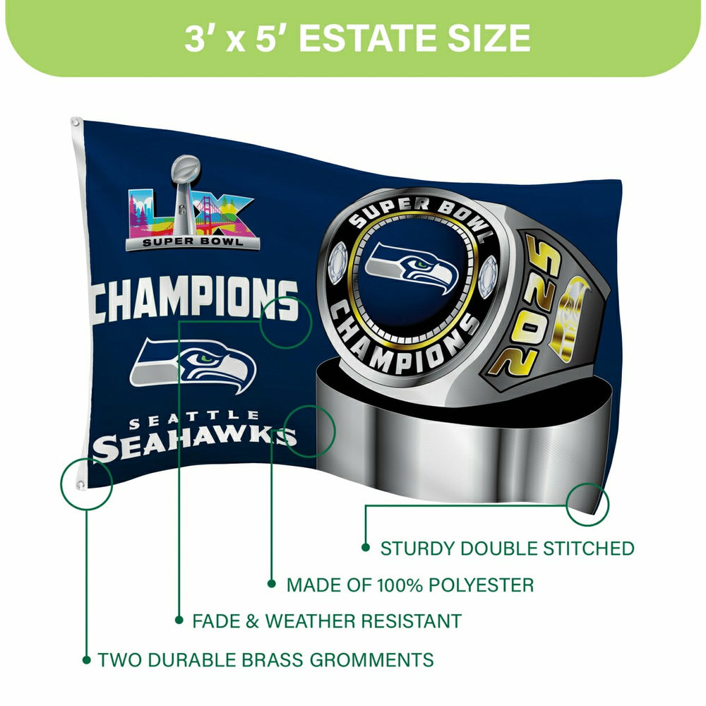 Seattle Seahawks, Super Bowl 60, Ring, Single Sided Flag w/ 2 Grommets, NFL, Home