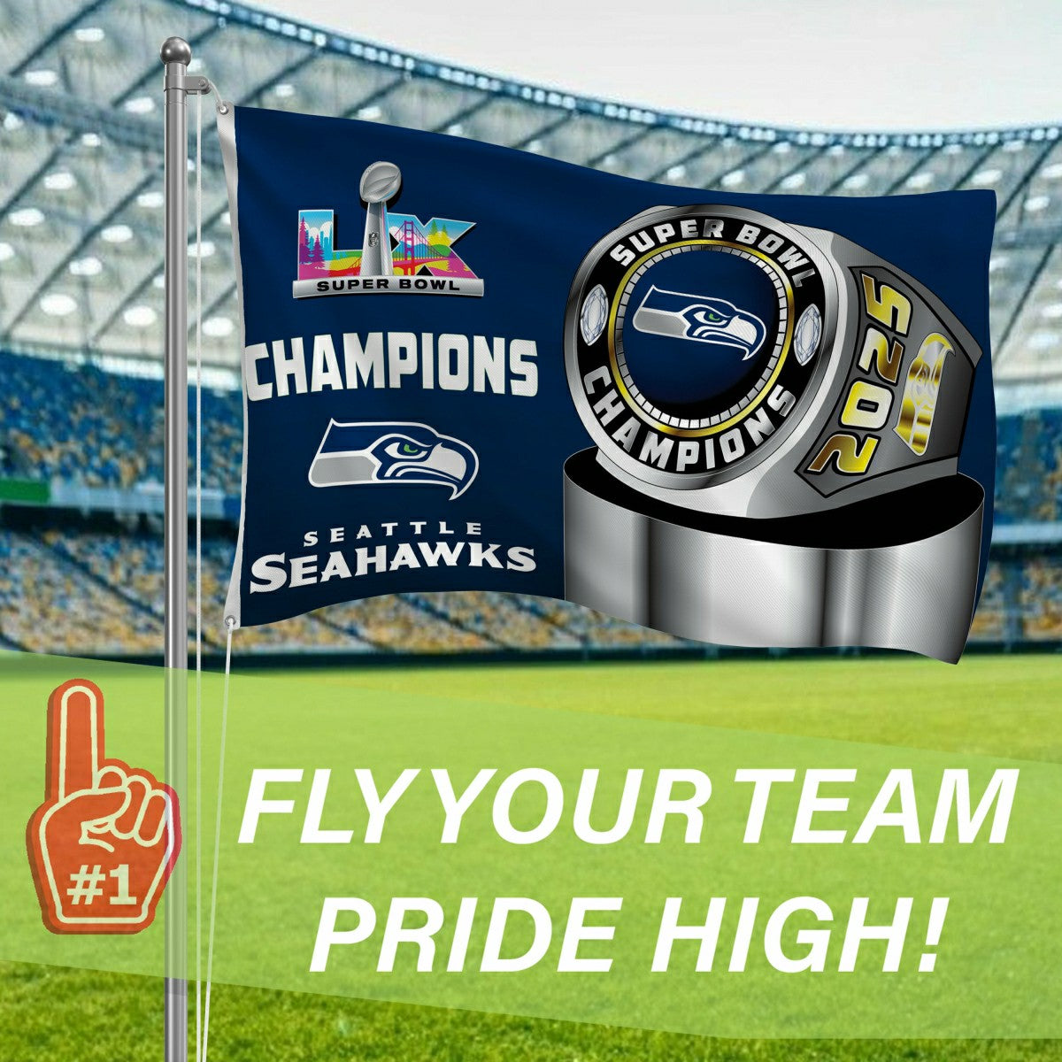Seattle Seahawks, Super Bowl 60, Ring, Single Sided Flag w/ 2 Grommets, NFL, Home