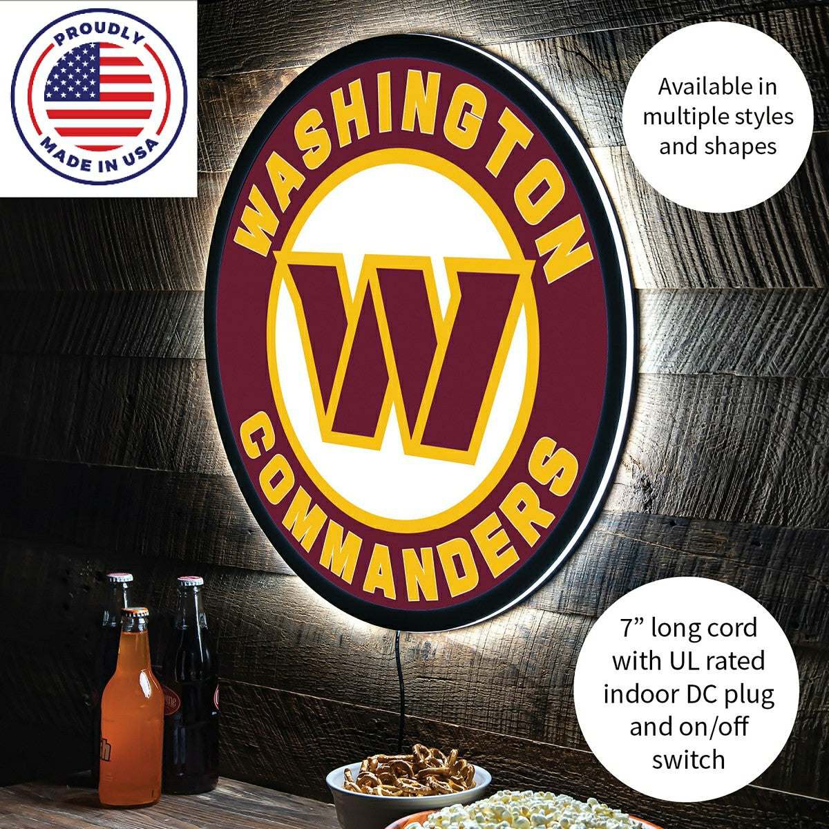 LED Wall Decor, Round, Washington Commanders, NFL, Home