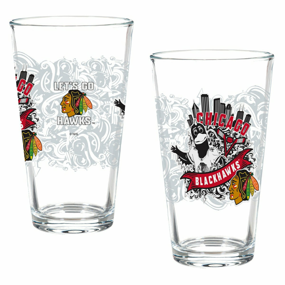Chicago Blackhawks 16oz Glass pint, Set of 2, NHL, Home