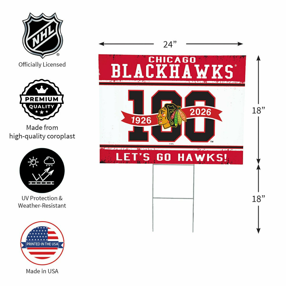 Chicago Blackhawks, 100 Anniversary Cororplast Yard Sign, NHL, Home