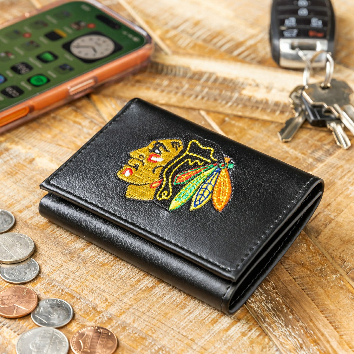 Chicago Blackhawks Black Tri-Fold Embroidered Wallet w/ RFID Blocking, NHL, Home