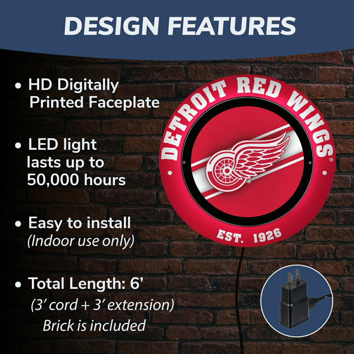 Detroit Red Wings, Metal Lite, Round, NHL