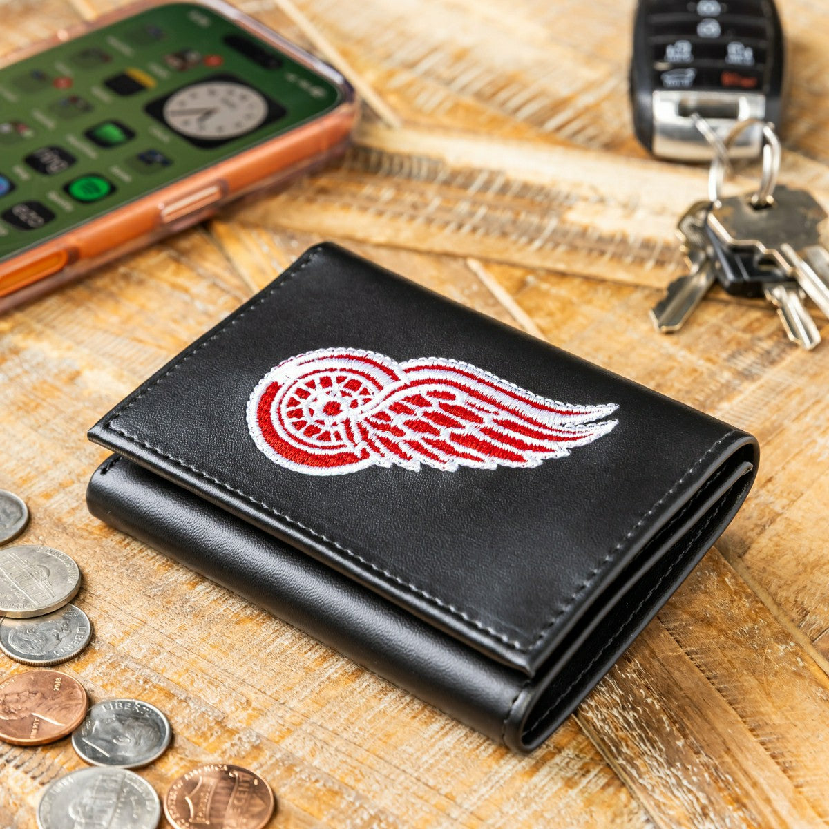 Detroit Red Wings Black Tri-Fold Embroidered Wallet w/ RFID Blocking, NHL, Home