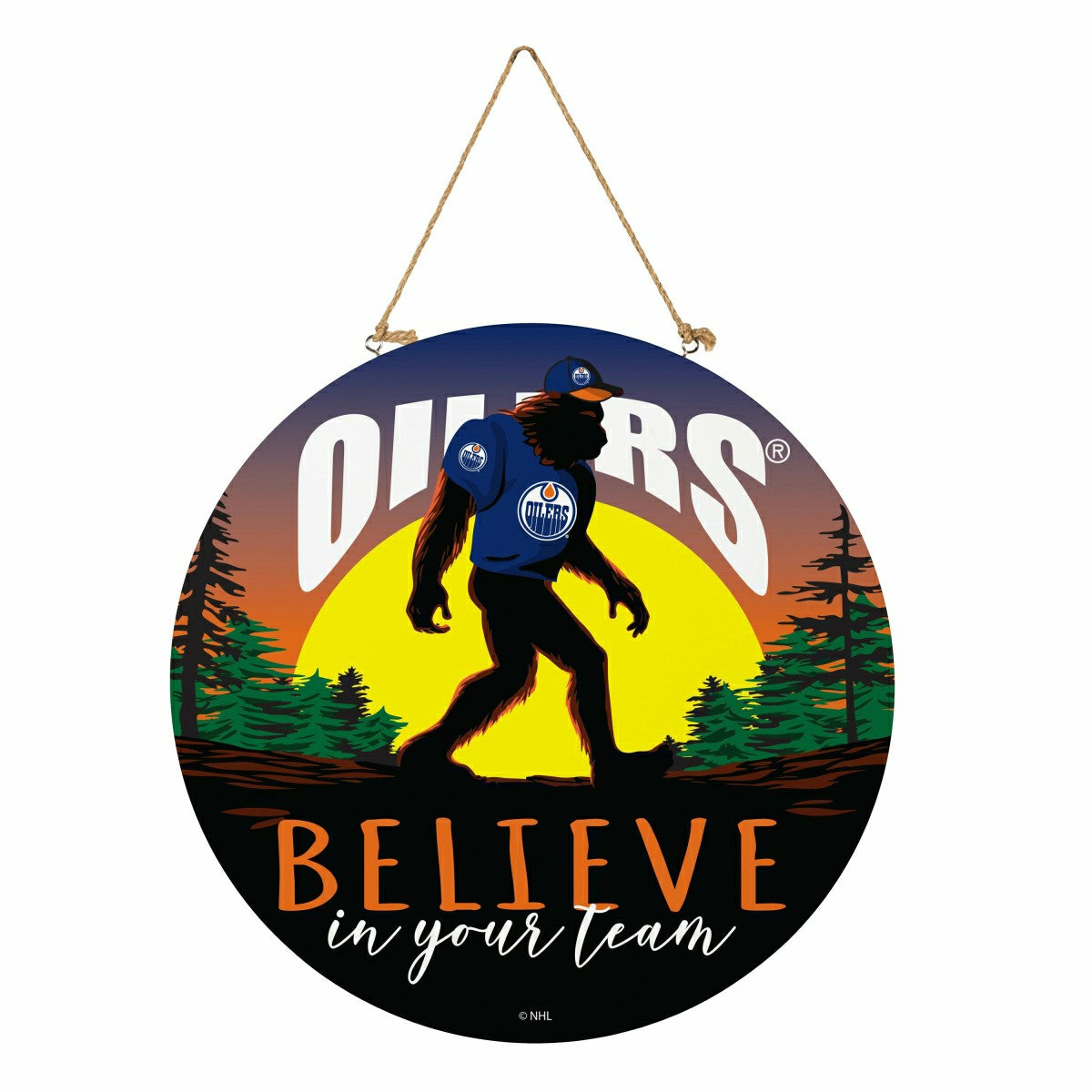 Edmonton Oilers Bigfoot Round Door Décor with Hanging Rope, 18x18, NHL, Home