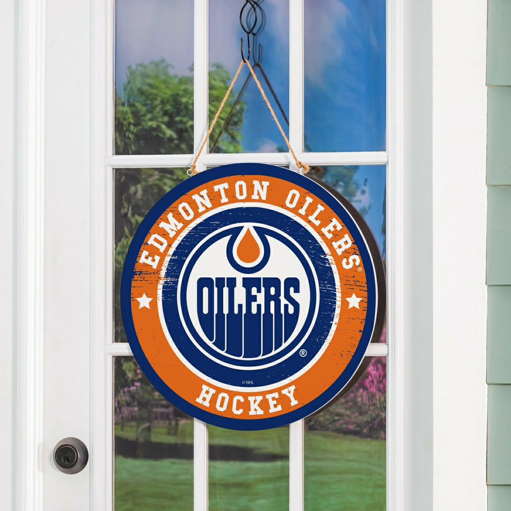 Edmonton Oilers Round Door Décor with Hanging Rope, 18x18, NHL, Home
