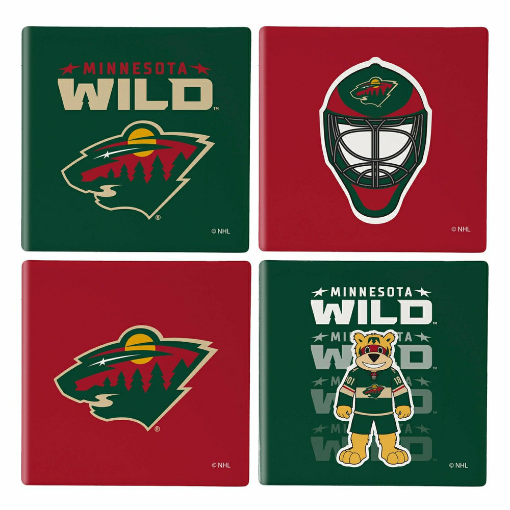 Minnesota Wild Ceramic Coasters Set, 4pcs with Wood Caddy, NHL, Home