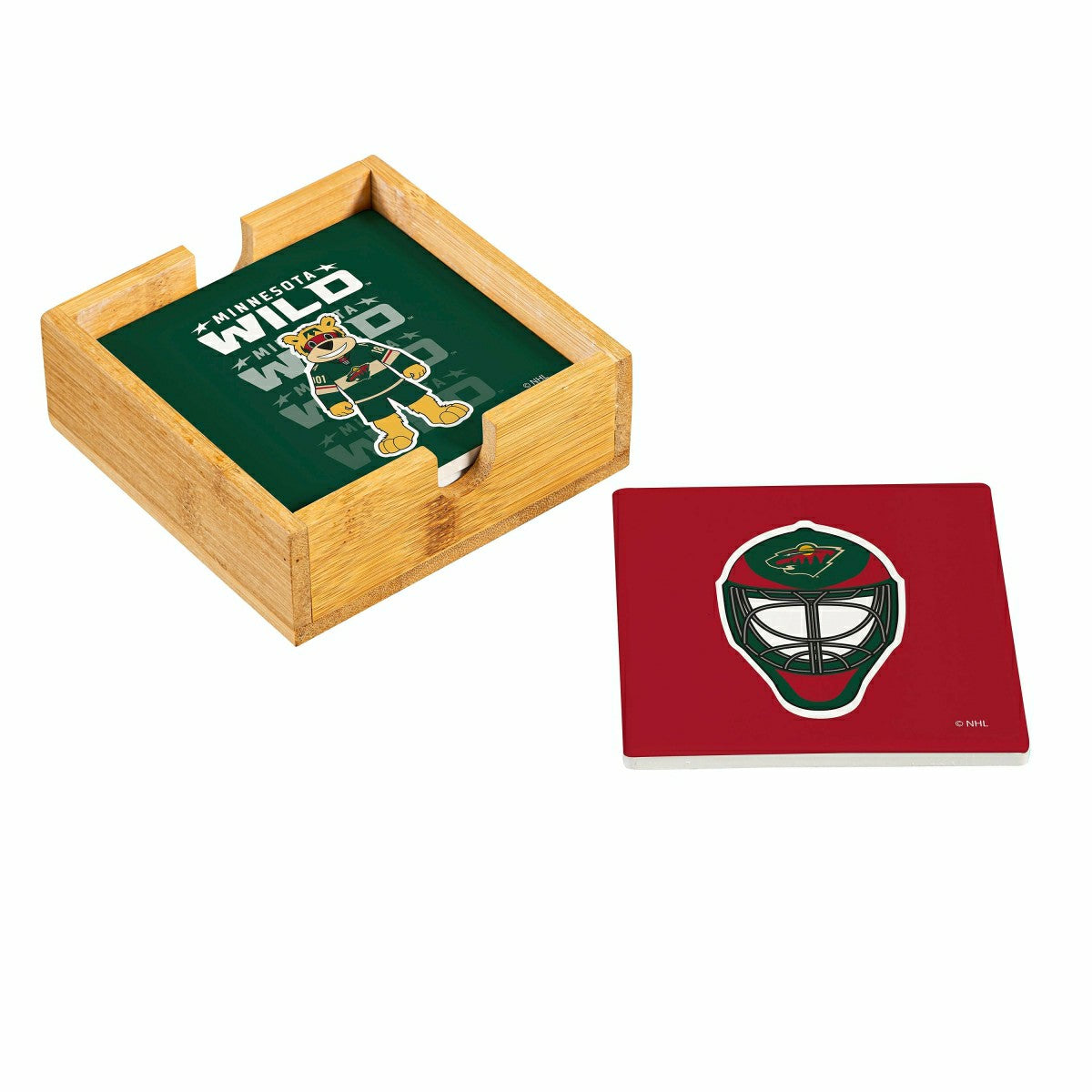 Minnesota Wild Ceramic Coasters Set, 4pcs with Wood Caddy, NHL, Home