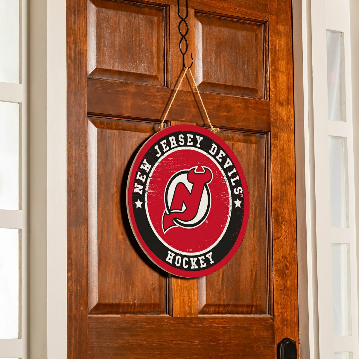 New Jersey Devils Round Door Décor with Hanging Rope, 18x18, NHL, Home