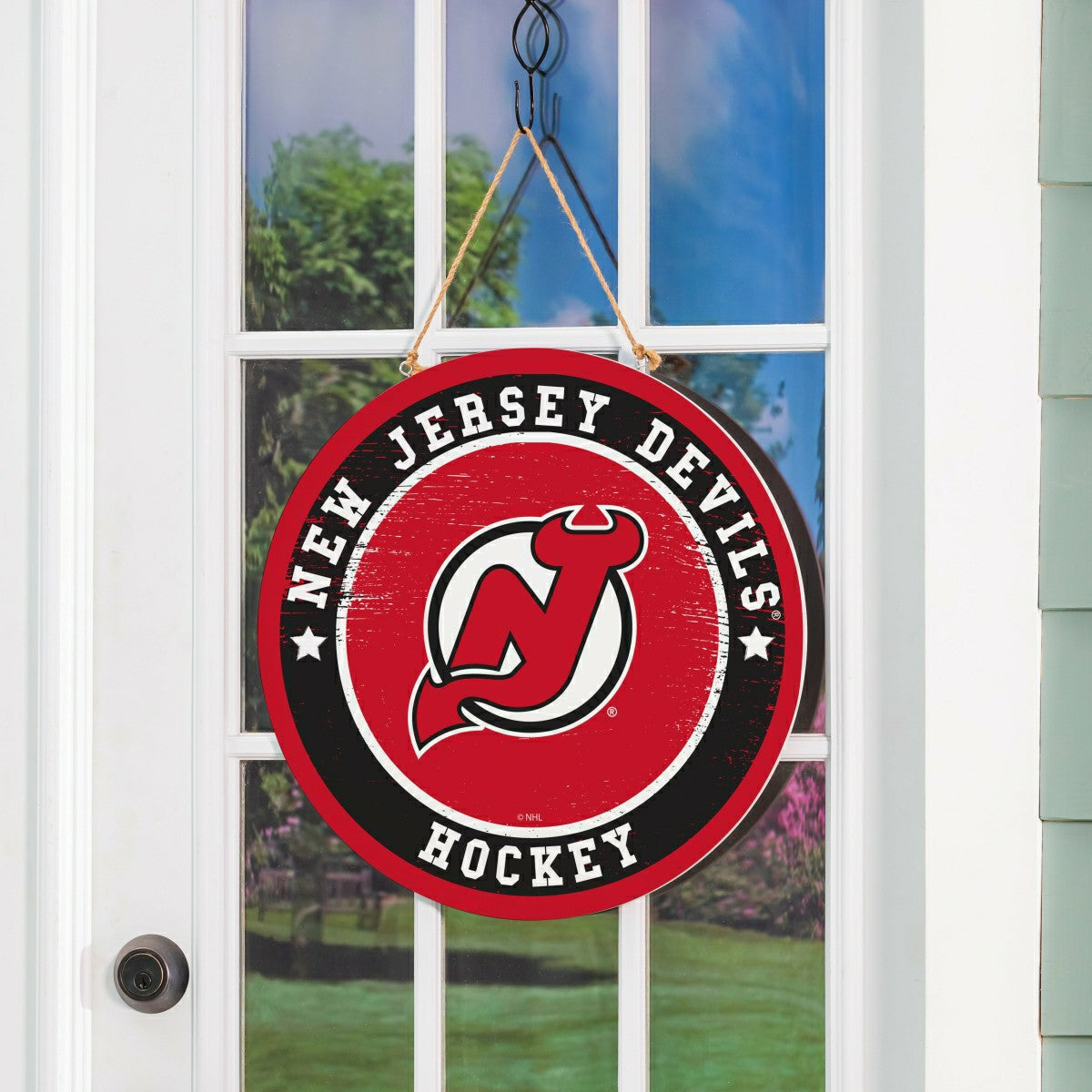 New Jersey Devils Round Door Décor with Hanging Rope, 18x18, NHL, Home