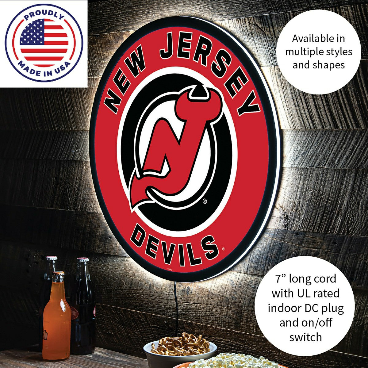 LED Wall Decor, Round, New Jersey Devils, NHL, Home