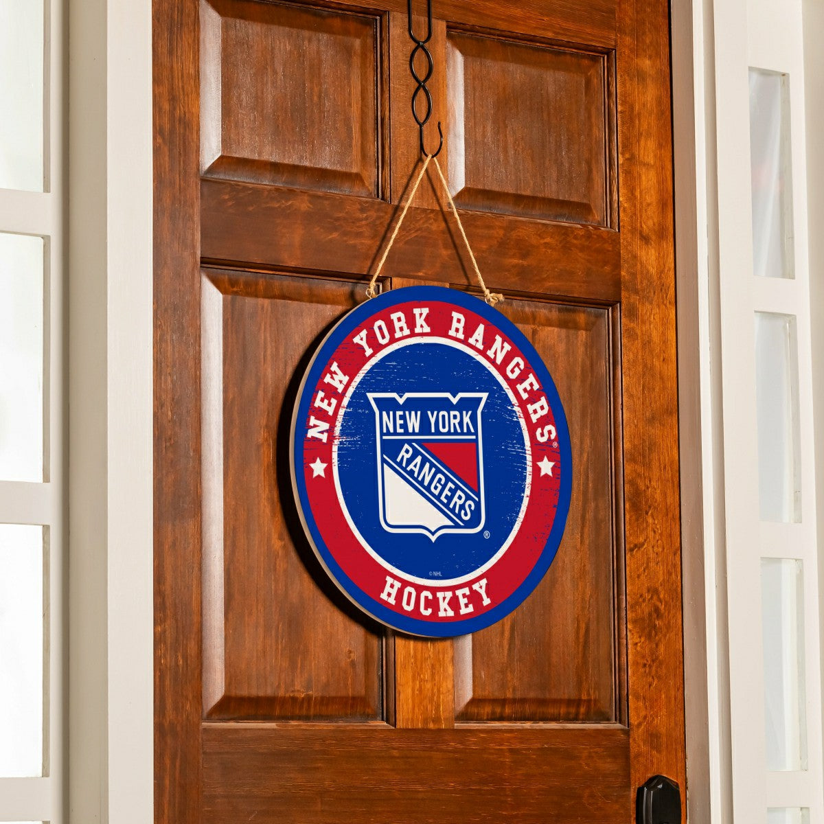 New York Rangers Round Door Décor with Hanging Rope, 18x18, NHL, Home