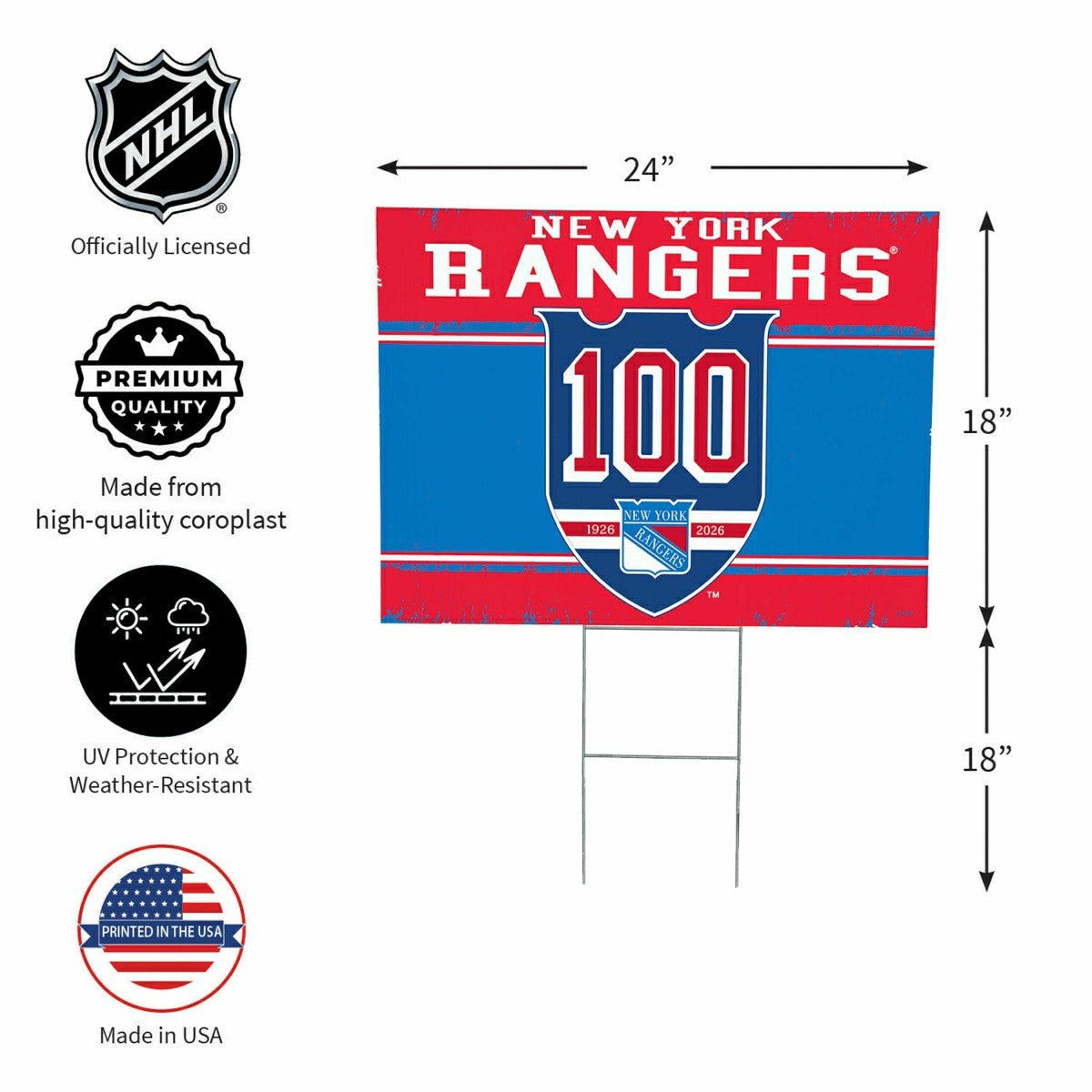 New York Rangers, 100 Anniversary Cororplast Yard Sign, NHL, Home