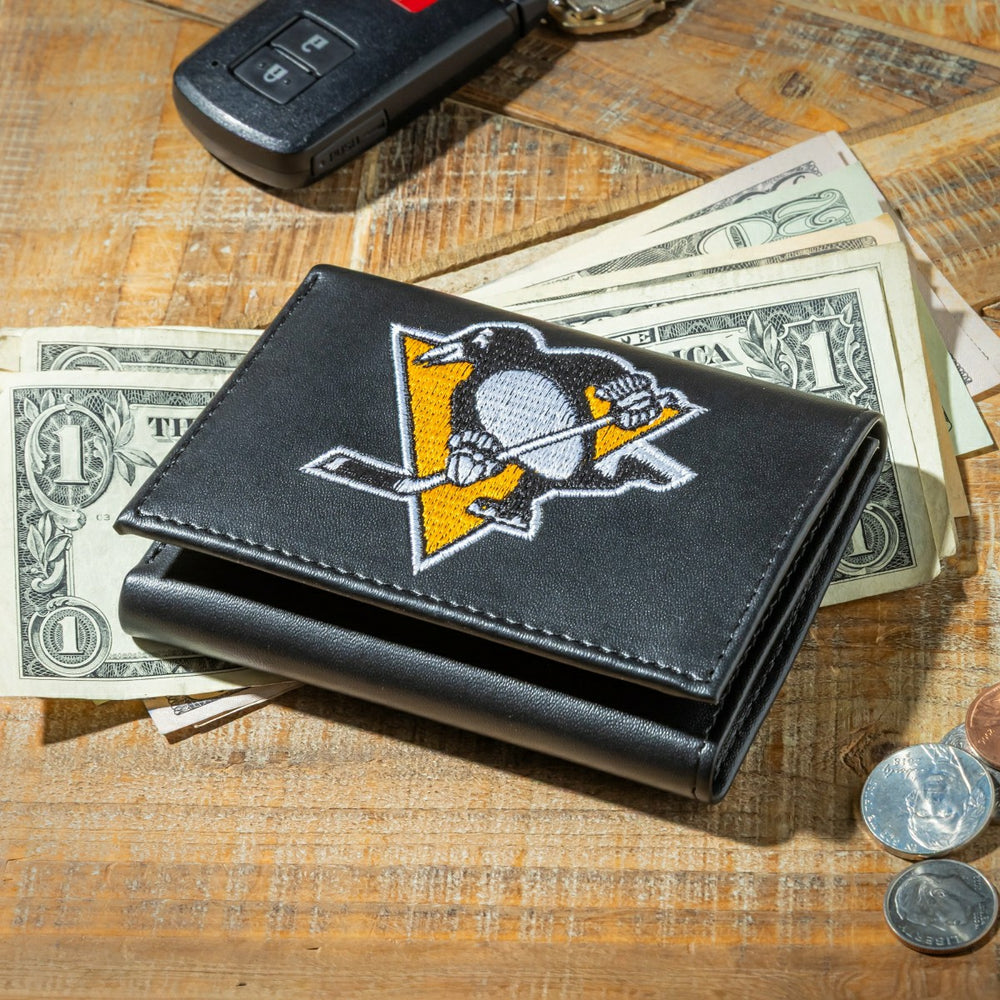 Pittsburgh Penguins Black Tri-Fold Embroidered Wallet w/ RFID Blocking, NHL, Home