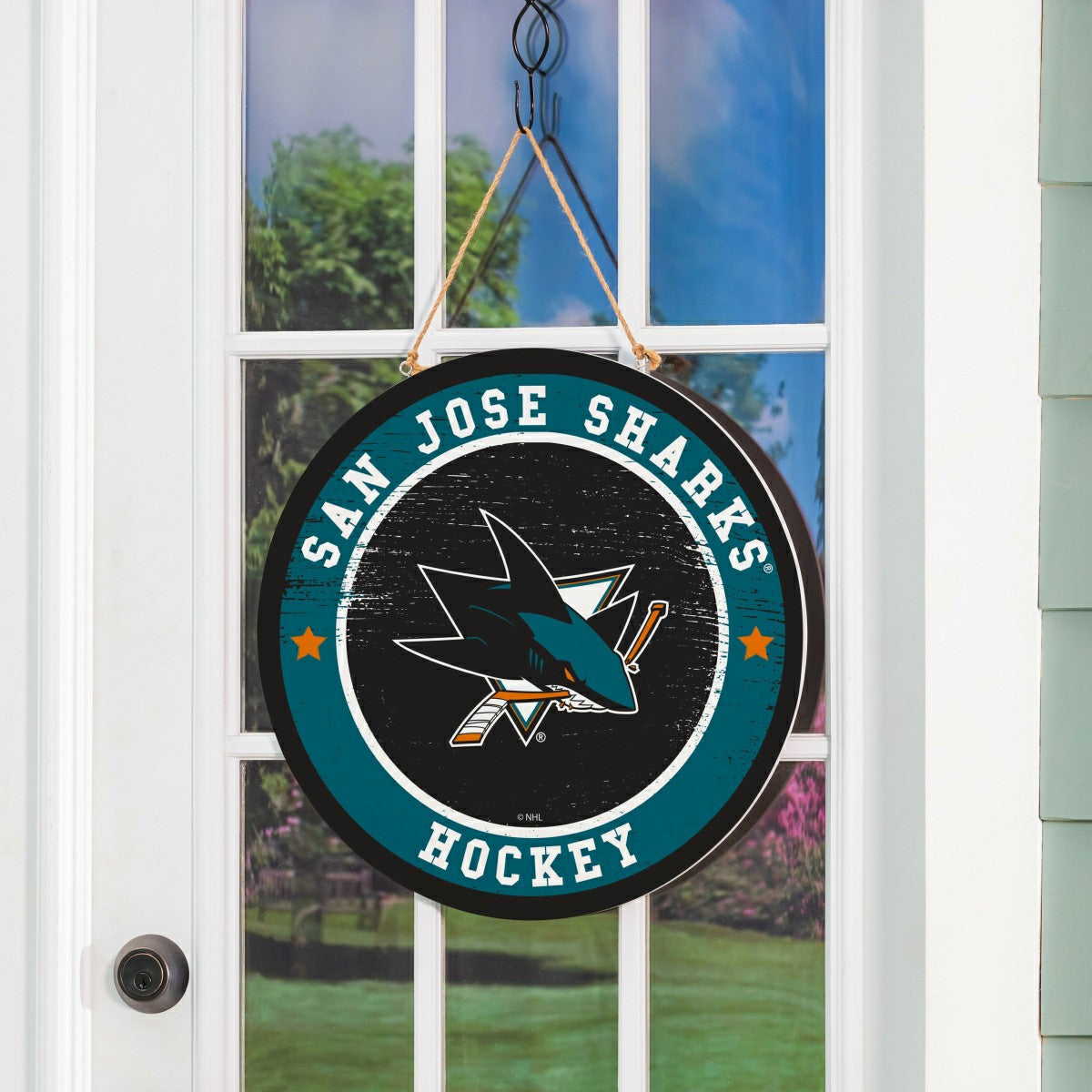 San Jose Sharks Round Door Décor with Hanging Rope, 18x18, NHL, Home